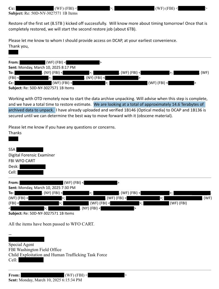MarioNawfal's tweet image. 🚨🇺🇸 FBI found 14.6 terabytes of archived data in the Epstein case. Including "obscene material" they're still figuring out what to do with.

"We are looking at a total of approximately 14.6 terabytes of archived data to unpack."

"1B136 is secured until we can determine the best