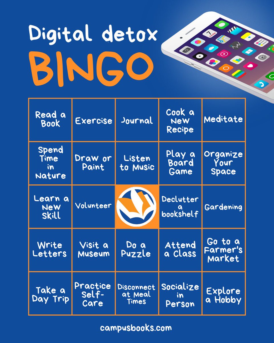 CampusBooks's tweet photo. 📵✨ DIGITAL DETOX BINGO ✨📚
Feeling glued to your screen 24/7? It might be time to log off and level up in real life.
And when you’re ready to add a new book to your detox list, https://t.co/GnX1qfTAQG helps you compare textbook prices so you can read more and spend less. 💙 https://t.co/k6KpXWr6IZ