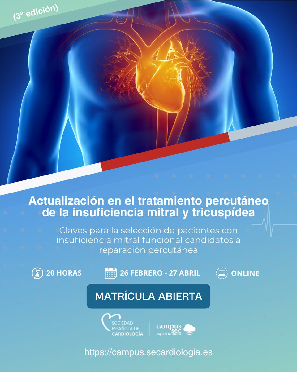 secardiologia's tweet photo. 📚 Próximo curso en #CampusSEC: Tratamiento percutáneo de la insuficiencia mitral y tricuspídea
👉 Actualización práctica sobre selección de pacientes, reparación mitral borde a borde, reemplazo mitral transcatéter y abordaje actual de la insuficiencia tricuspídea.
📅 26 feb – 27 abr
🔗 Reserva tu plaza: https://t.co/WujwjOuOvk
@TdBenito @MTLLluva @JovenesSec @ResiSec