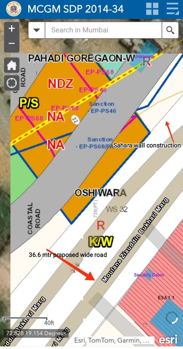 RajeshShetye6's tweet photo. @CMOMaharashtra @advanilparab @mybmcwardKW @mybmc @mybmcInfra 
This picture along with DP plan shows illegal retaining wall construction by sahara group which is coming between 36.6 mtr wide road. When we ask they said they have permission? 
Is correct? https://t.co/oeTtob0iaS