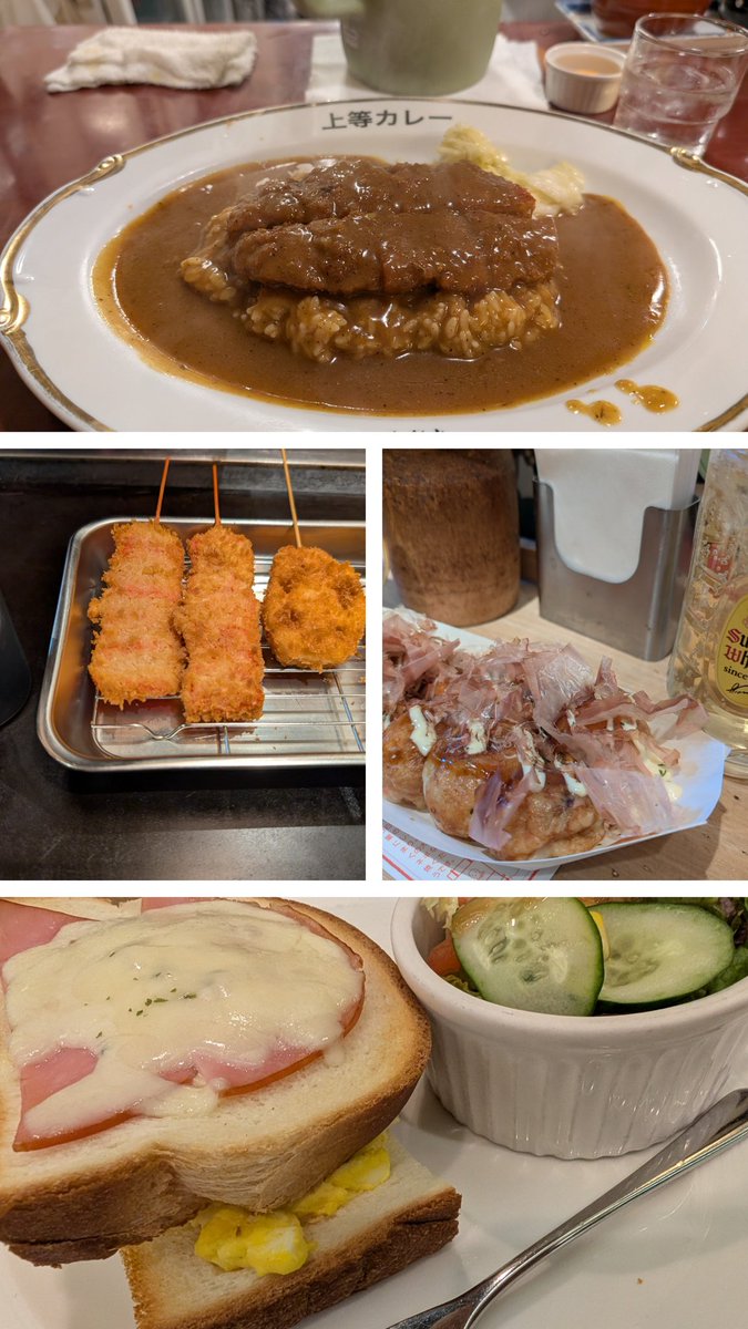 yakisobaranger's tweet photo. 美味かった大阪(´～｀)
串カツ(塩)　串忘
焼き鳥　焼鳥しふく
モーニング
カレー　上等カレー
串カツ(ソース)　忘れた笑

優勝　カニほぐし身の揚げ物
2位　ヤゲンのガーリックオイルがけ
3位　せせり バジルソースを添えて

焼鳥屋さんの焼き具合が自分好み過ぎて惚れた♥
また行きたいわ🐔 https://t.co/VccMwtQ6nZ