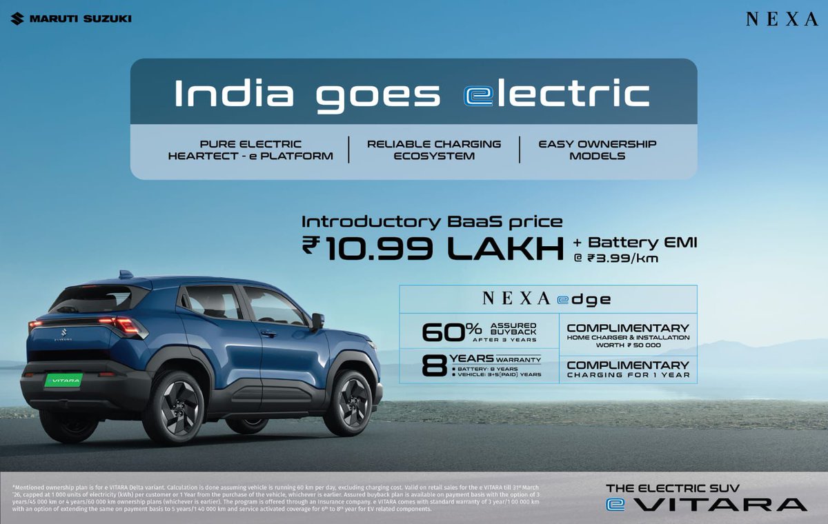 akgupta_10's tweet photo. Maruti Suzuki’s first mass‑market EV is here. e‑Vitara starts at ₹10.99 lakh under a Battery‑as‑a‑Service model, low entry price, but the real EV cost shifts to a ₹3.99/km “battery EMI”.

For low‑mileage, first‑time EV buyers, this is smart: smaller upfront cheque, familiar #Maruti + #NEXA network, and up to 543 km claimed range on higher variants. For high‑mileage users who plan to hold the car long and drive a lot, per‑km battery rental could end up feeling more like fuel spend than EV upside.

Net‑net: interesting financial engineering, strong product, but the verdict will depend on how Indians drive, not just how much they pay at the showroom.

#MarutiSuzuki #EVitara #ElectricSUV #BatteryAsAService #EV #IndiaAuto #NEXA #EVPricing #BatteryEconomics