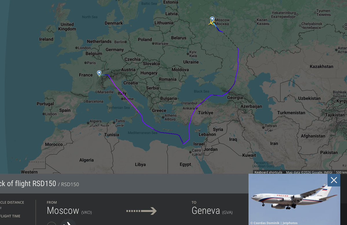 The route the Russian delegation took to today’s Geneva peace talks tells its own story.

What would once have been a straightforward three-hour flight from Moscow stretched to more than nine hours, as the Il-96 detoured to avoid Polish, German, Greek and Czech airspace, looping