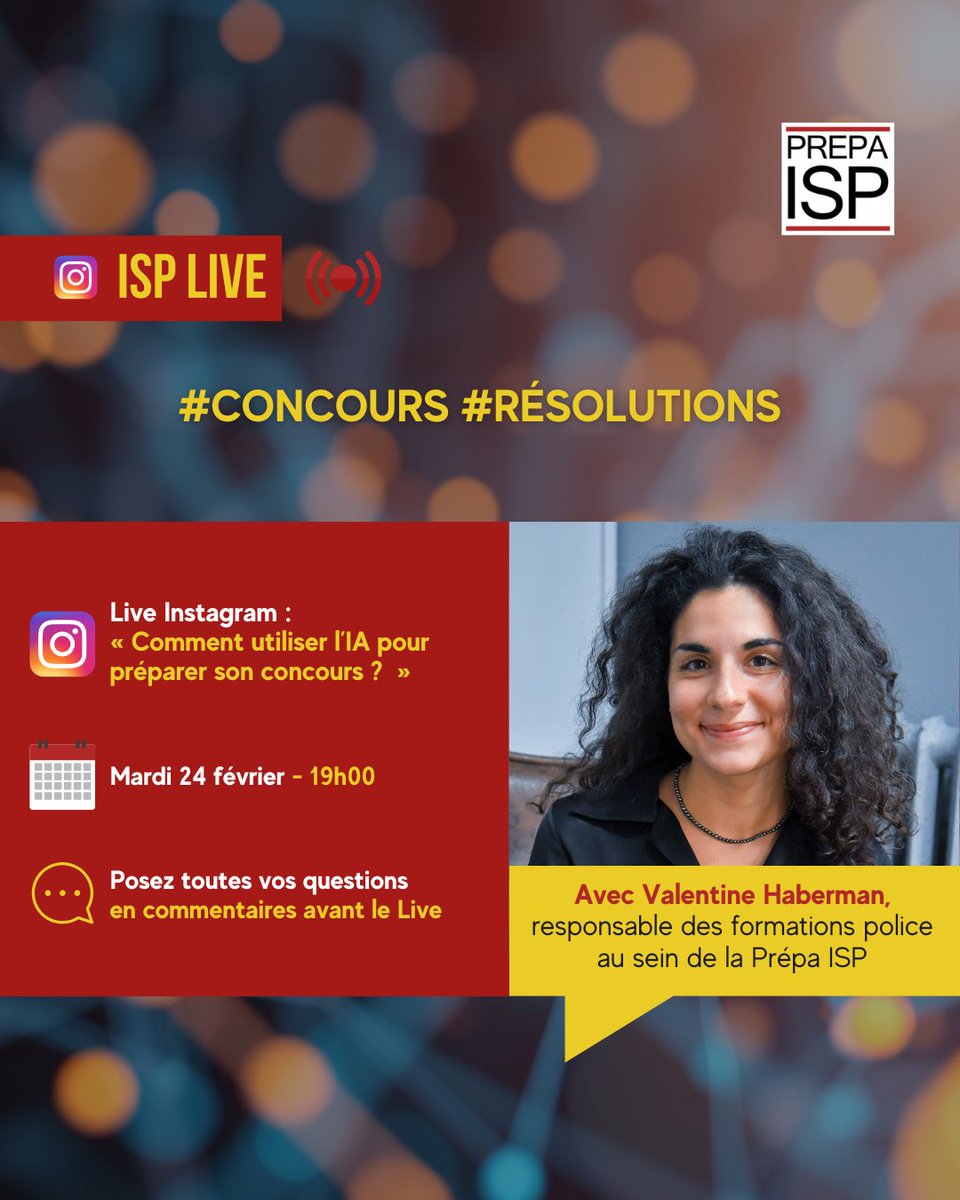 #INSTALIVE : « Comment utiliser l’IA pour préparer son concours ? 

🗓️ Mardi 24 février 2025, 19h

🗣️Par Valentine Haberman, directrice des formations Police au sein de la Prépa ISP

💬Posez toutes vos questions avant le Live

➖
#POLICE #ENM #CRFPA #droit #etudiantendroit