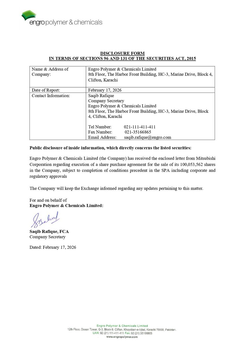 ChasePSXNotices's tweet image. EPCL-Material Information - Engro Polymer &amp;amp; Chemicals Limited

#EPCL #Materialinformation #PSX #stockmarkets
