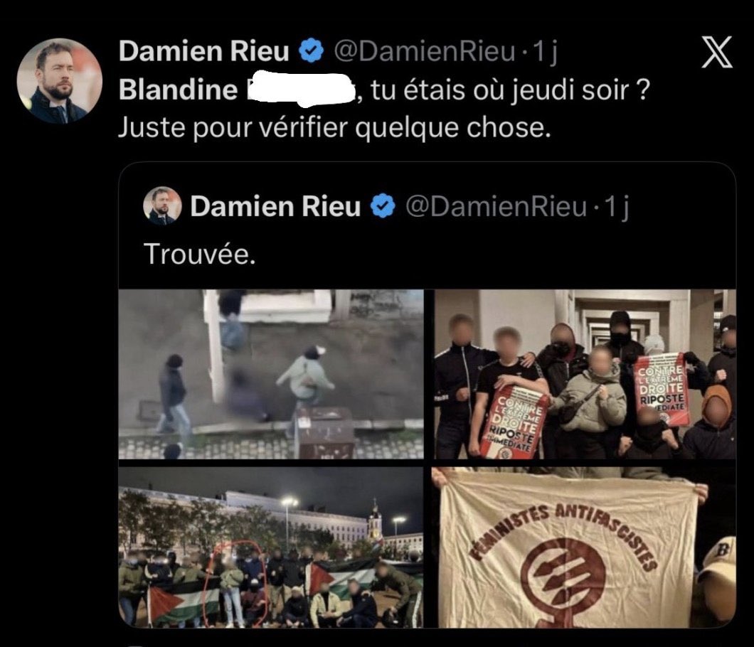 Alice Cordier 
Pascal Praud  Europe 1
Damien Rieu ont accusé ! BLANDINE  xx
D'être la meurtrière de QUENTIN ! Alors qu'elle était en Amérique latine 
Source LE MONDE 
Menaces de mort ! 
Pour sa famille , y comprit sa grand mère 
Depuis le lâche 
Damien Rieu a supprimé, ce tweet