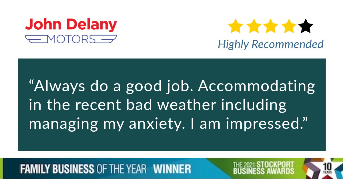 Thank you for leaving a lovely review. We appreciate feedback and always aim to accommodate customers the best we can.

“Always do a good job. Accommodating in the recent bad weather including managing my anxiety. I am impressed.”

delany-motors.co.uk/booking/

#CustomerReview #Review