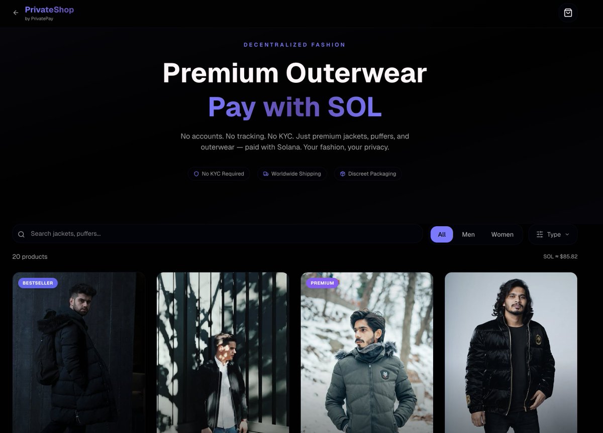 just launched the PrivatePay Private Shop🔥

no kyc. no verification. pure crypto commerce.

Buy premium goods with SOL. 
Instant checkout. 
Trustless transactions.

check it out → privatepay.site/shop

🔗 custom jackets, gear, digital products
💎 verified sellers only
⚡