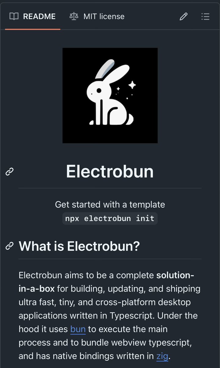 taylordotcat's tweet image. electrobun v1 is here💥

build ultra fast, tiny desktop apps with just typescript. uses bun for the main process + webviews, zig for native bindings.

~12mb self-extracting bundles, updates as small as 14kb with bsdiff patches. rpc between main and renderer is typed and fast.