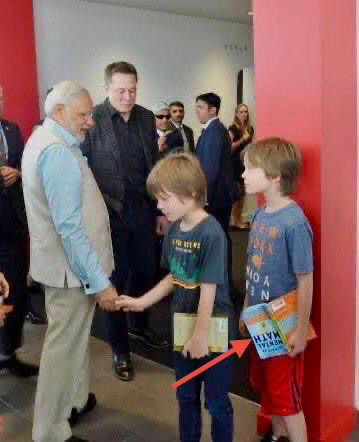 renoomokri's tweet image. This is a photo of Elon Musk's son at a meeting where his father met with the Indian Prime Minister, Narendra Modi. Notice that this child of the richest man in the world carries no phone, no iPad, or any other electronic gadget that entertains, while stealing children's