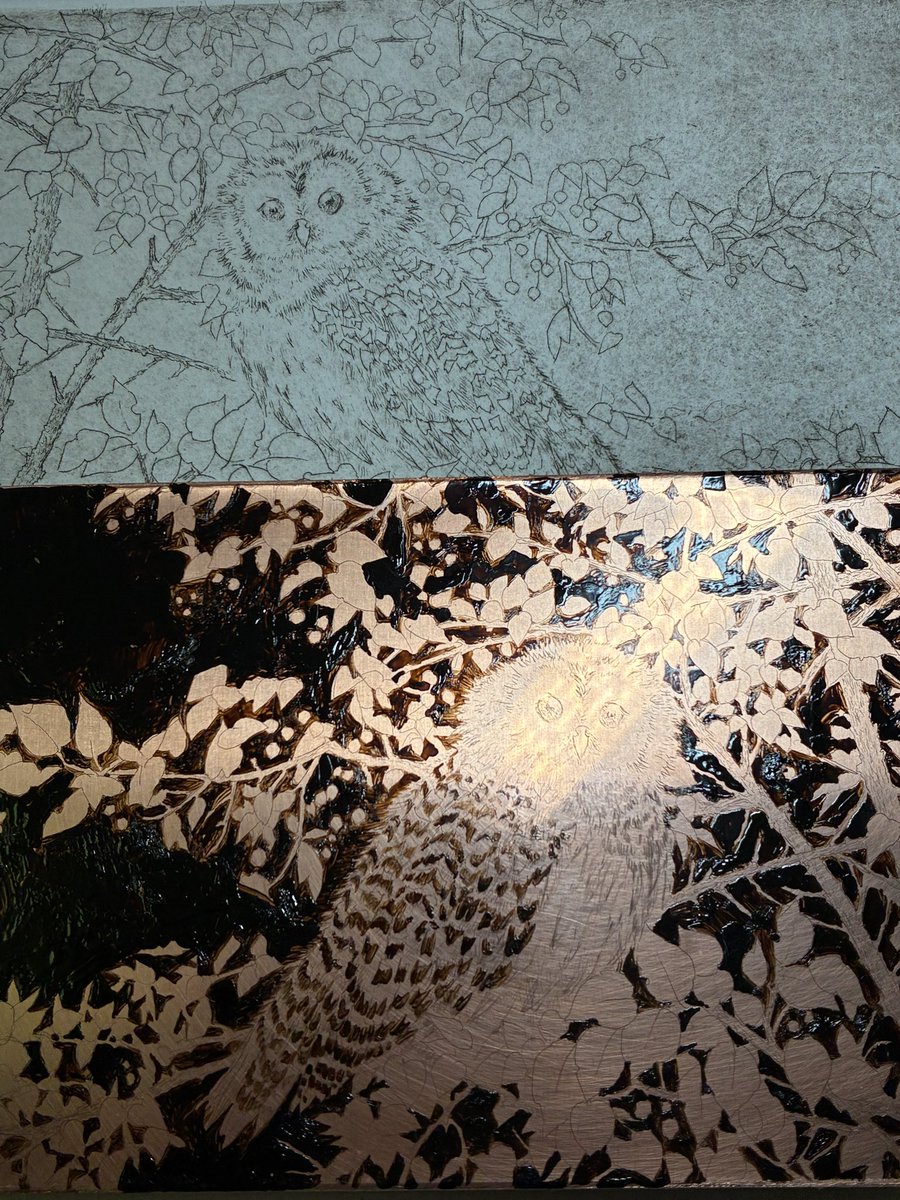 yu_grassbird's tweet image. 上は試し刷りです。次は葉に薄いグレーをかけたいので、腐食を防ぐために、黒ニスを筆で銅板に塗っていっているところです🙂　#etching