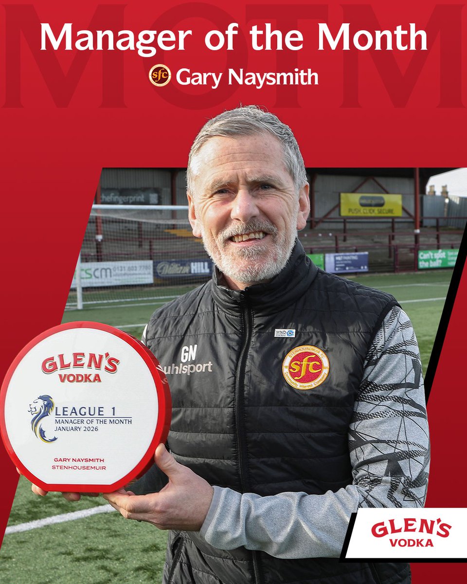 Congratulations to <a href="/StenhousemuirFC/">Stenhousemuir FC</a>'s Gary Naysmith, <a href="/GlensVodkaLLG/">Glen's Vodka</a> League 1 Manager of the Month for January! 🏆