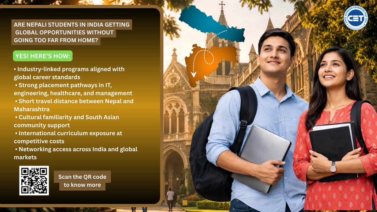 study_in_maha's tweet image. Are Nepali students in India getting global opportunities without going too far from home?  

Yes. Maharashtra offers global exposure, strong placements, and cultural comfort — closer to home.

@IndiaInNepal 
👉fn.mahacet.org

#SingleWindow #StudyInMaharashtra #Mahacet