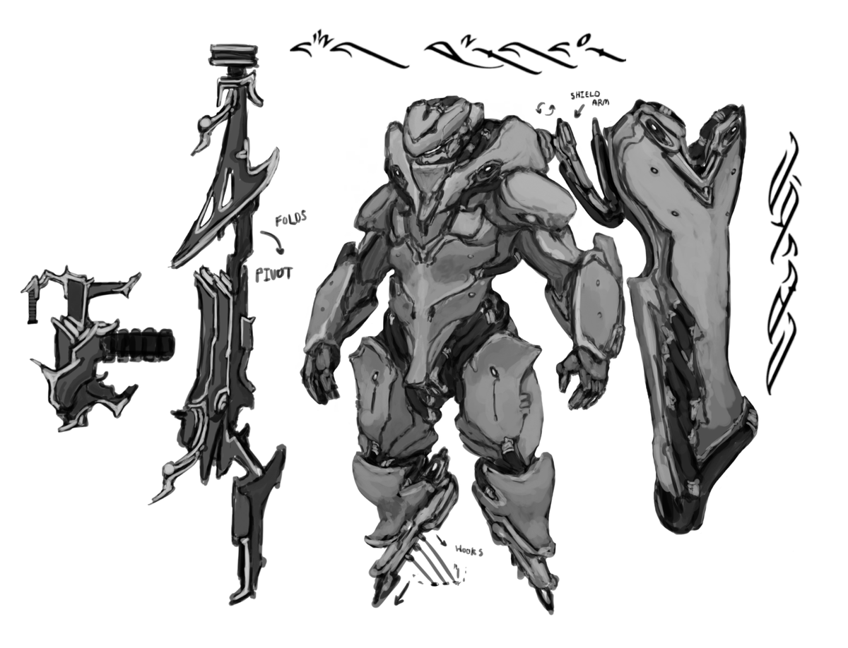 Lua_Luminary's tweet photo. Riot-Control Warframe, Designation "Sabrass." The ultimate contingency. Created by the Seven specifically for anti-Warframe combat, should the Tenno ever rebel against the Empire. 
#tennocreate #warframe #warframefanart #conceptart https://t.co/jhPz9N0Id1