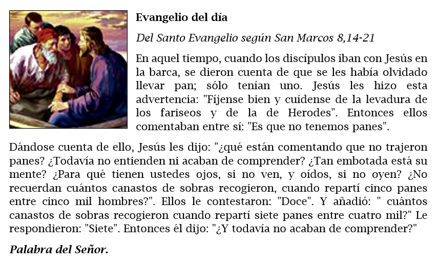 « El pan que harta y que no es tarta. »

Lectura del Santo Evangelio según San Marcos 8, 14-21 vía <a href="/Catholicnet_es/">Catholic.net</a>

Martes #17Febrero 6ª semana de tiempo ordinario

#Biblia #PalabraDeDios #Evangelio #SantoEvangelio #EvangelioDeHoy #FelizMartes #17Feb Martes de Carnaval

❤️🔁