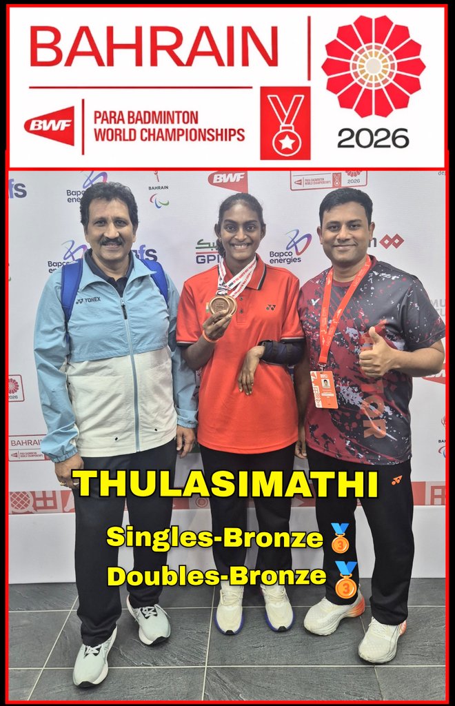 THULASIMATHI 🎉👏🏼
Bronze Medal 🥉🇮🇳🏸 Singles
Bronze Medal 🥉🇮🇳🏸 Doubles 
BWF World Championship 2026
Bahrain 🇧🇭 Para Badminton 🏸
#mindtraining #motivation #paracoach #tamilnaducoach #parabadmintoncoach