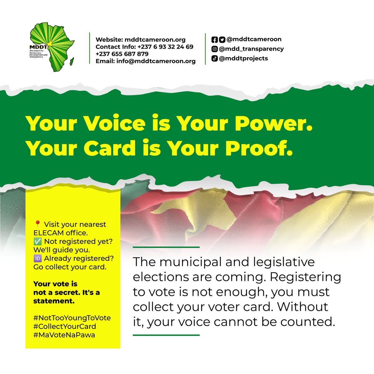 mddtcameroon's tweet photo. 🪪 Your card = Your power. Period.

Registering to vote is NOT enough. You must COLLECT your card, or your voice stays silent.

📍 ELECAM office. Now.

✅ Registered? Go collect it!
❌ Not registered? We'll guide you.

Your vote is a STATEMENT. Make it count 

#MaVoteNaPawa https://t.co/EJOcLYVvZb