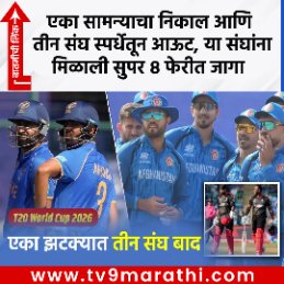 TV9Marathi's tweet photo. T20 WC 2026: एका सामन्याचा निकाल आणि तीन संघ स्पर्धेतून आऊट, या संघांना मिळाली सुपर 8 फेरीत जागा
https://t.co/66nGx8lSYN
#T20WorldCup2026 #NZvsCAN #Super8 https://t.co/fJgE6mSI9F