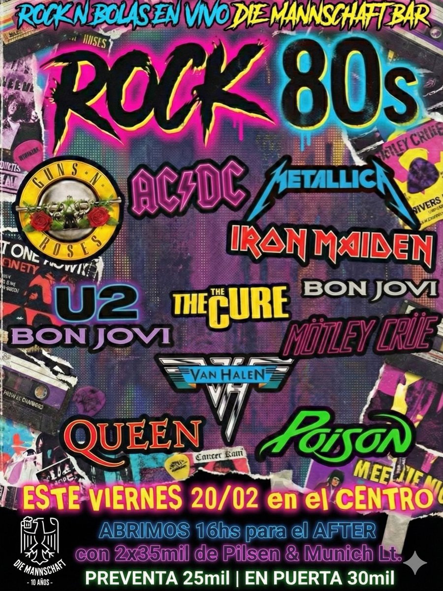 ESTE VIERNES 20/02 de I LOVE THE 80s ROCK 🤘🏻💿💽📼💾🪩 por @rocknbolas en vivo en el CENTRO🤘🏻🔥.
*ABRIMOS 16hs con 2x35mil en @pilsenpy &amp; munichparaguay Lt.
📍Mcal Estigarribia 1050 c/ EEUU.
PROST! 🍻🤘🏻💥🇵🇾🇩🇪