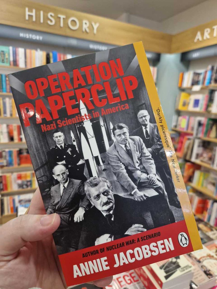 waterstonesrust's tweet photo. New to the history table. 
In this engrossing and deeply disturbing exposé from the bestselling author of Nuclear War: A Scenario, Annie Jacobsen tells the gripping story of a decades-long, covert project to bring Hitler's scientists and their families to the United States. https://t.co/K7qBCyDIOC