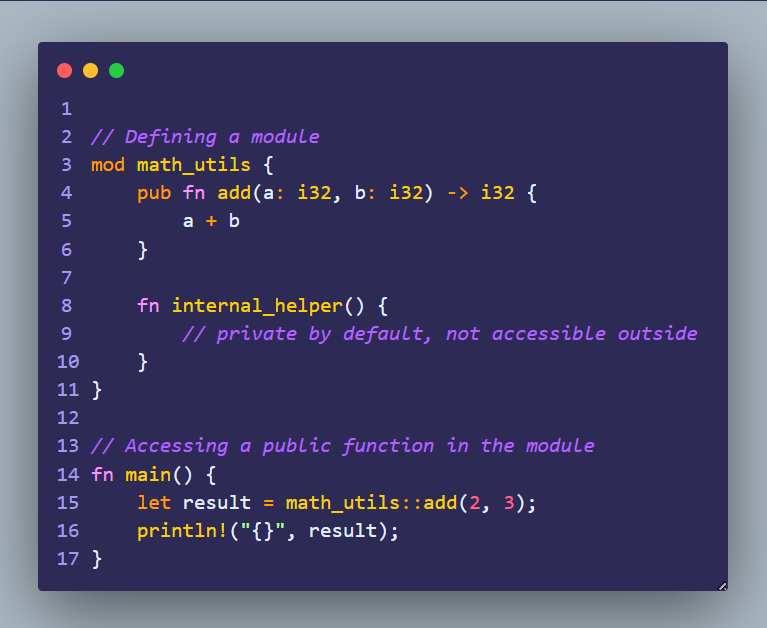 teheelaa's tweet photo. Rust Learning Log: Packages, Crates, Modules, and Why Namespaces Matter

After working through ownership, enums, Option, Result, and vectors, today's learning shifted to something different. Instead of writing logic, I was learning how Rust thinks about organizing code.
This felt like stepping back to look at the bigger picture.

Packages and Crates:
One thing that stood out right away is how early Rust introduces structure.
A crate is the smallest unit Rust compiles. A package is how related crates are grouped together.
Even at this early stage, it signals something: Rust doesn't want large, unstructured codebases. It makes you think about boundaries from the start.
What belongs together, what doesn't, how things should be grouped.

Coming from Solidity, I organize code using contracts, interfaces, and libraries, but there's no enforced project structure. I can put everything in one file and it'll compile fine. Rust starts nudging me toward structure before I even write much logic.

Introduction to Modules:
Learning about modules made things feel more intentional.
Modules aren't just about splitting files. They're about grouping related functionality under a clear name. Instead of having everything at the same level, you're saying: these things belong together.
That alone makes code easier to read and reason about, even before thinking about visibility or scale.

The pub Keyword:
The pub keyword really caught my attention.
By default in Rust, everything is private. You have to explicitly mark something as public to expose it.
That design choice feels intended. Instead of exposing everything automatically, Rust makes you ask: what should be accessible? What should stay internal? What am I committing to as part of my interface?

In Solidity, function visibility is also something you declare explicitly (public, private, internal, external). So this felt familiar, but Rust applies it to everything, not just functions.

Namespaces:
Namespaces seemed abstract at first, but the benefit clicked quickly.
By placing code inside modules, names stop colliding. Each item has a clear context. Instead of vague or overloaded names floating around, you know exactly where something comes from.
Some languages do not have real namespaces, which can lead to naming conflicts in large projects. Rust gives you modules to solve that problem cleanly.

Today wasn't about writing more logic. It was about understanding how Rust expects code to be structured, scoped, and protected.

Just like ownership and enums, the structure isn't strict for no reason. It's pushing you toward intentional organization, clear public APIs, and fewer accidental dependencies.
I'm still learning modules and crates, but it's connecting to everything I've learned so far.

How do you think about organizing code in the languages you use? Do you wait until the project gets big, or do you structure things from the start?

#Rust #RustLang #LearningRust #Blockchain #Solidity #SystemsProgramming
