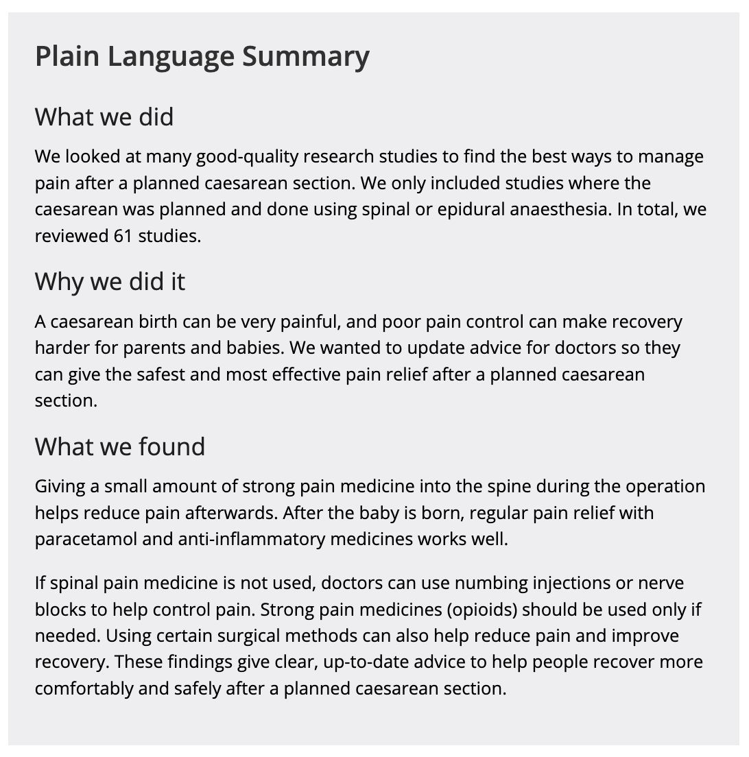 A caesarean birth can be very painful, and poor pain control can make recovery harder for parents and babies. 

Giving a small amount of strong pain medicine into the spine during the operation helps reduce pain afterwards. After the baby is born, regular pain relief with