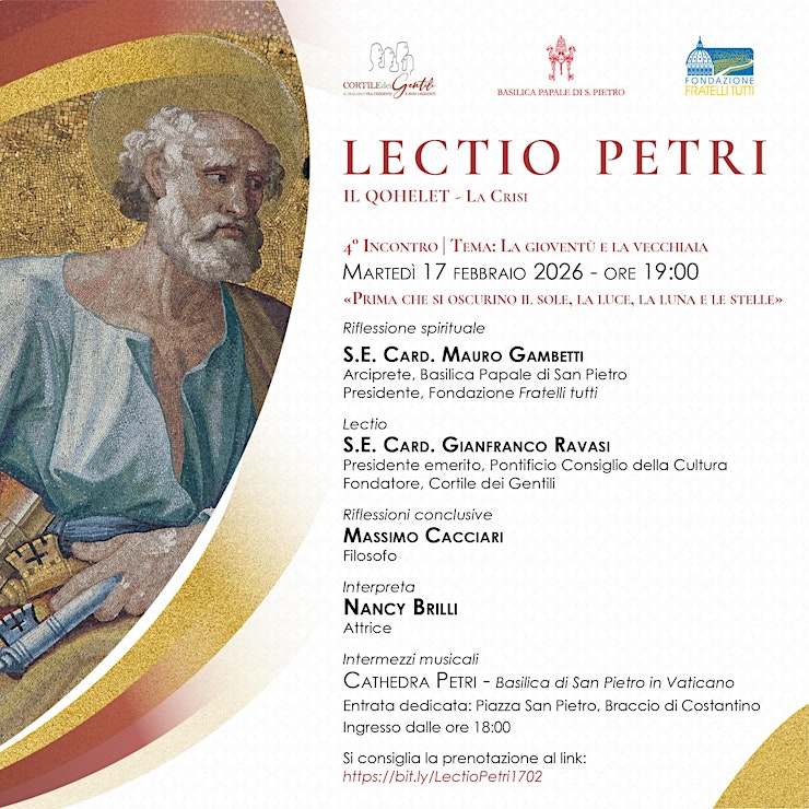 Amici, ci vediamo stasera alle 19 nella Basilica di San Pietro per l'ultima #LectioPetri dedicata al Qohelet, con l'intervento del filosofo Massimo Cacciari. Potrò spiegarvi anche perchè questo libro così sconvolgente fa parte dell'Antico Testamento.
bit.ly/LectioPetri1702