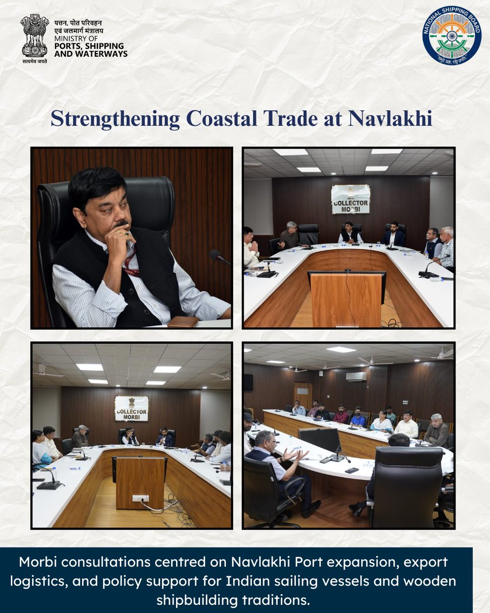 NSB Chair Shri Sameer Kumar Khare (IAS Retd.) met Morbi stakeholders on Navlakhi Port dredging, dedicated jetties &amp; connectivity; later discussed immigration, shipbuilding support &amp; heritage status for traditional sailing vessels.