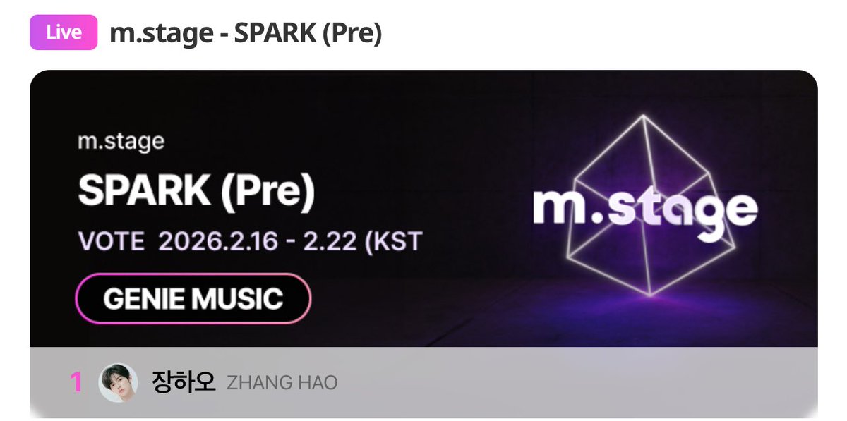 💙VOTE FOR ZHANG HAO

🗳️ MY1PICK – SPARK (Pre Round) 📅 Feb 16–22, 2026 (KST) • 1 vote = 20 Gold Hearts • Top artists advance to Final (Feb 24–Mar 9) 🏆 Final #1 gets a performance on Genie Music 🔗 fsn-app.my1pick.com/app/link/theme…

#ZHANGHAO #장하오 #章昊 
#마이원픽 #MY1PICK