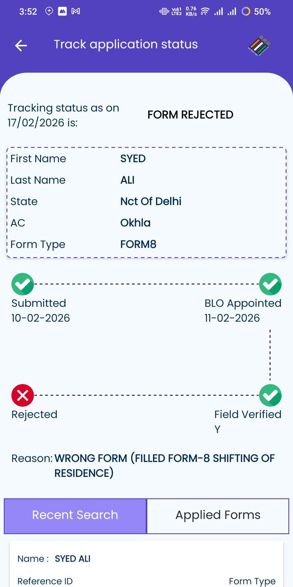 Dear <a href="/ECISVEEP/">Election Commission of India</a> <a href="/CeodelhiOffice/">CEO, Delhi Office</a> <a href="/SpokespersonECI/">Spokesperson ECI</a> @DmsoutheastD,
I am writing to express my deep disappointment regarding the processing of my Voter ID correction application. This is 2nd time My Form has been REJECTED TWICE for no logical reason, and I am seeking your help to