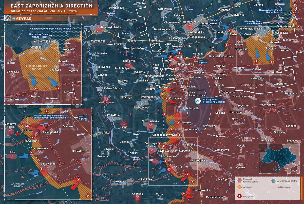 🇺🇦🇷🇺

Ukraine is winning

According to Rybar, Ukrainian forces continue pushing on the Zaporizhzhia front. The Armed Forces of Ukraine are actively trying to widen their foothold along the Sosnovka to Orestopol line, concentrating personnel for a potential breakthrough toward
