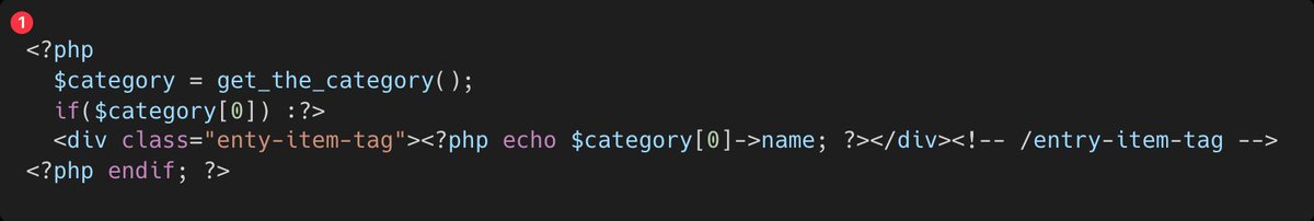 Image for the Tweet beginning: Web制作コース上級編DAY10
#デイトラ #デイトラコミュニティ

✅️記事を取得するためのループ処理
✅️タイトル、抜粋文、リンク、アイキャッチなどを動的に表示

📝学び
【$category[0]->name;について】

```php（※画像①）
<?php
$category = get_the_category();
if($category[0]) :?>
<div