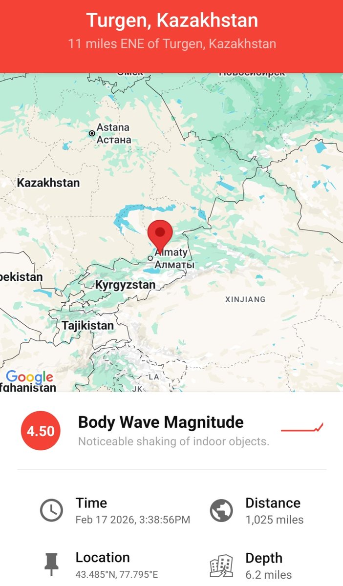 Kiranjoshi900's tweet photo. #BREAKING 😱😱😱
earthquake M 4.5 Kazakistan
#Kazakistan M5.0 #earthquake (#землетрясение) hit #Esik (#Kazakhstan) Kazakhstan. https://t.co/WJTl8WsgyK