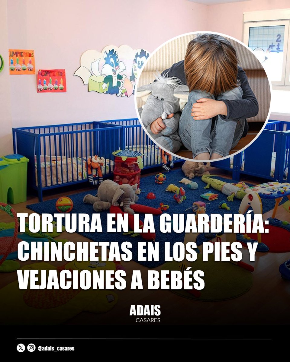 🇪🇸 | Dos empleadas han sido detenidas tras confirmarse que utilizaban chinchetas para pinchar los pies de los bebés como método de "disciplina".

Además de los pinchazos con chinchetas, las investigaciones apuntan a que los menores eran sometidos a tirones de orejas, gritos