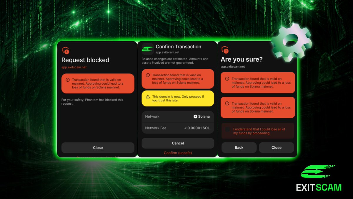 exitscam_net's tweet photo. Our team is currently fixing some Phantom alerts 🚨

Don’t worry — our site and token are working perfectly, and most importantly, rewards distribution is unaffected 🏆

These alert messages shouldn’t be showing anymore very soon ⏰

#exitscam https://t.co/SbZPRn8zAA