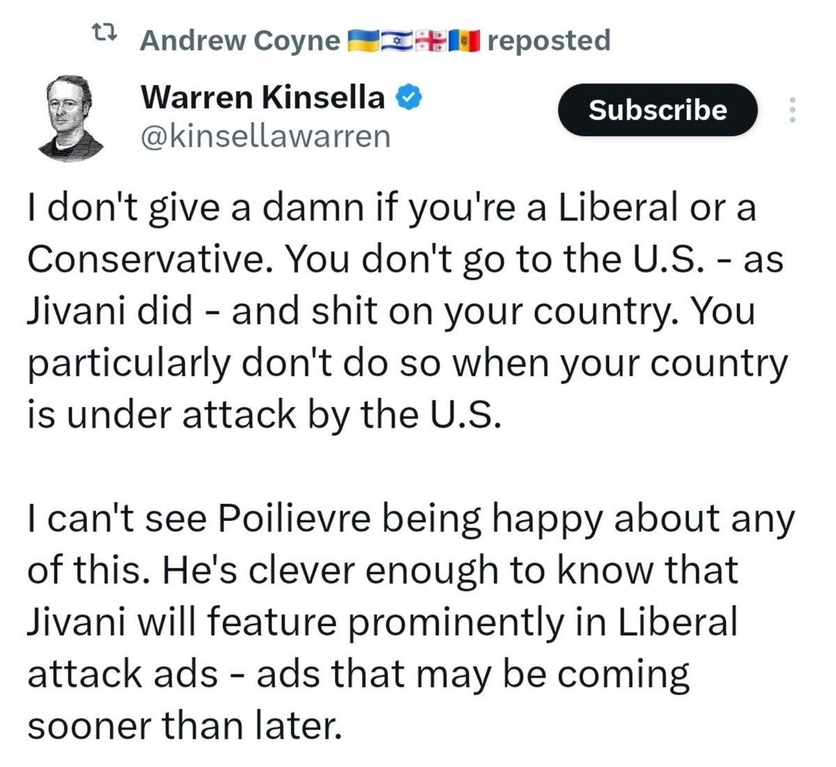 “Under attack”? 
By who exactly, Warren? The 82nd Airborne? Or are we talking about tariffs and trade leverage, the kind of grown up negotiations sovereign countries engage in every decade?

What precisely did Jivani say that qualifies as “shitting on Canada”? Did he criticize