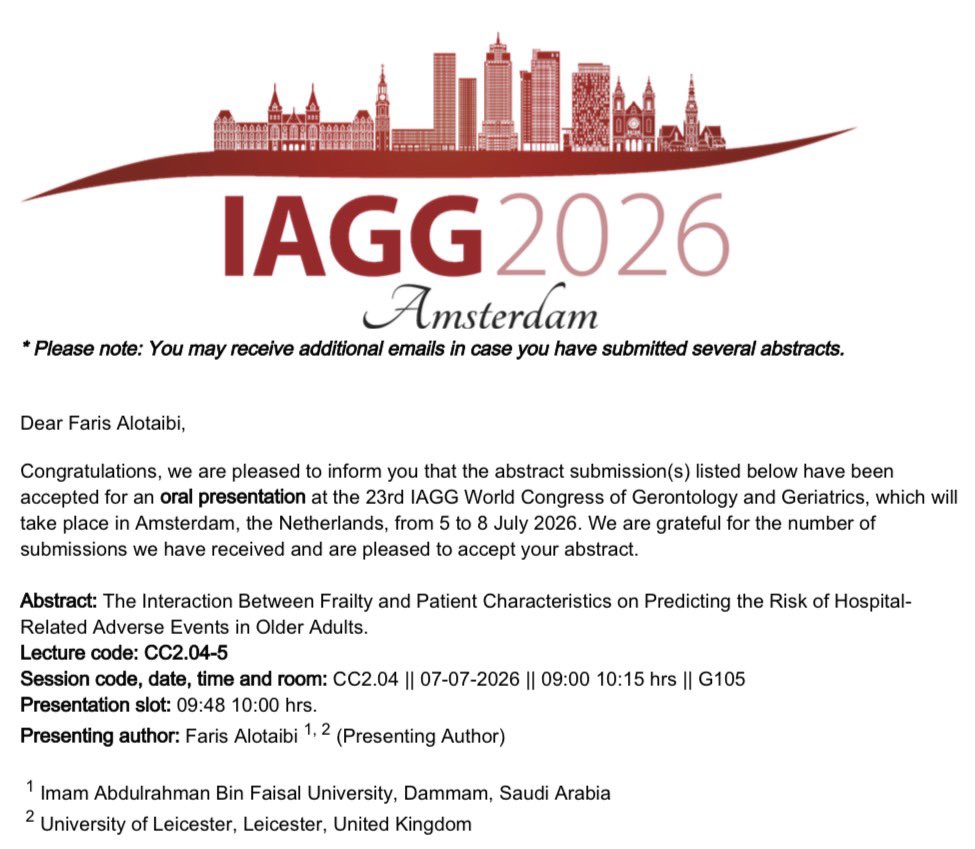 iFar1s's tweet photo. Proud to share that my third PhD study has been accepted to be presented in the upcoming World Congress for Gerontology and Geriatrics (IAGG). Many thanks to @IAU_KSA 🇸🇦 and to my academic supervisors for their support and guidance. 

See you in Amsterdam 🇳🇱🌇 https://t.co/pa3gd2hepG