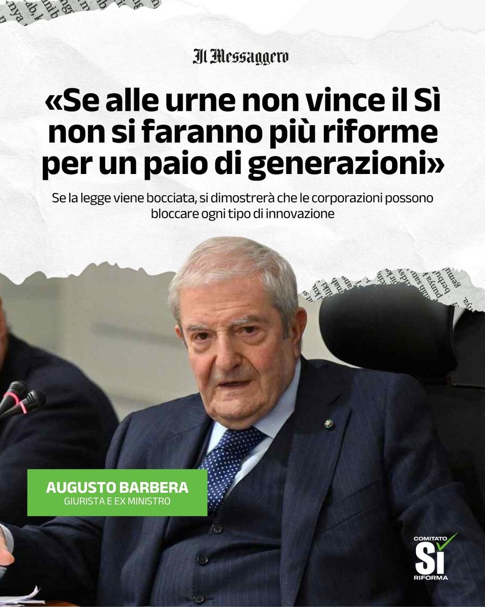 Se alle urne non vince il Sì non si faranno più riforme per un paio di generazioni.#AugustoBarbera, intervistato da <a href="/ilmessaggeroit/">Il Messaggero</a>, avverte che una bocciatura dimostrerebbe come le corporazioni possano bloccare ogni innovazione. 
#SìRiforma #referendum #ilgiudiceseitu