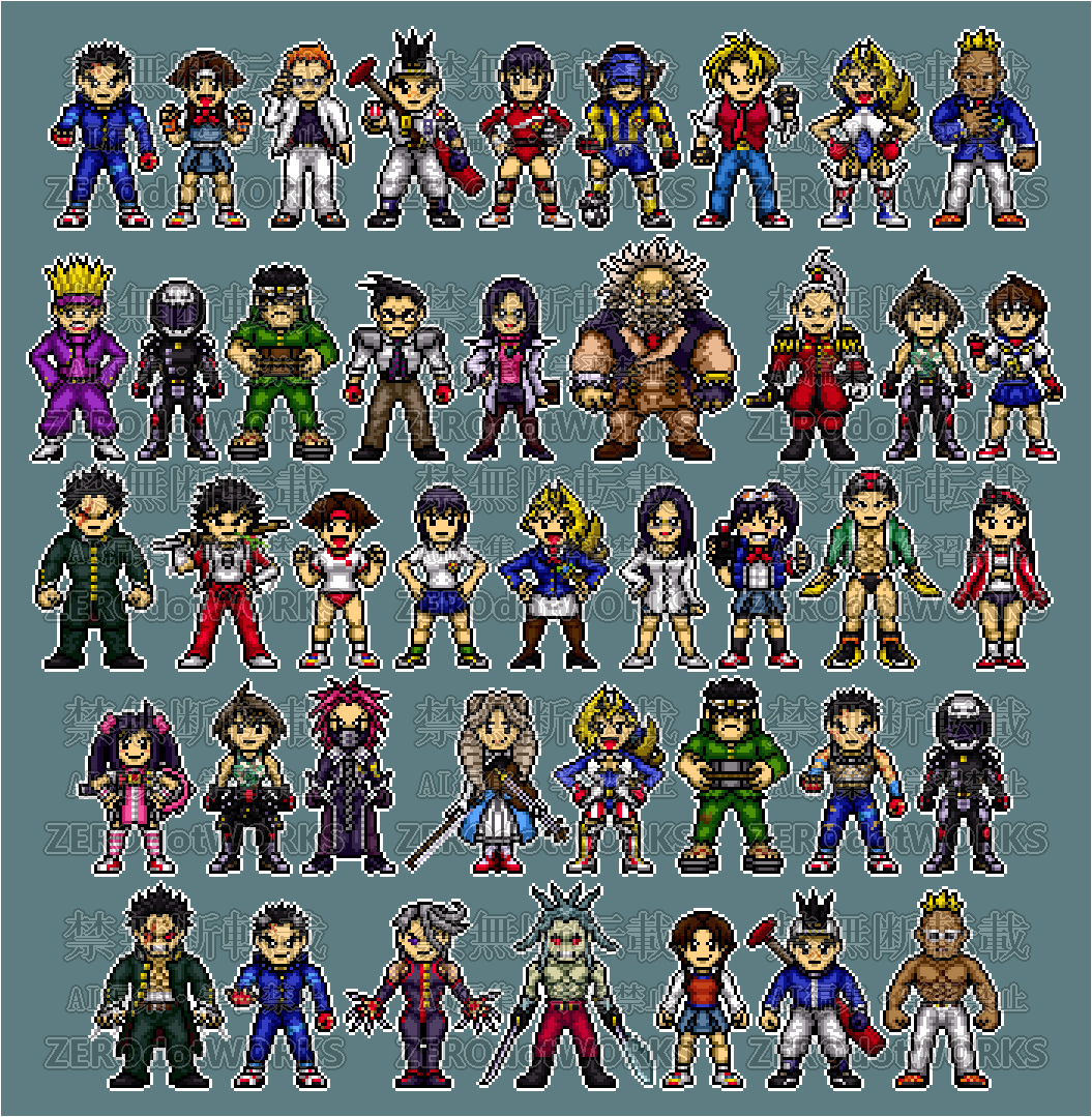 srx_type_00's tweet photo. ジャスティス学園がにわかに話題になってるようなので前に描いたキャラドット絵を見てほしいです😂 https://t.co/RhsRoGiy4s