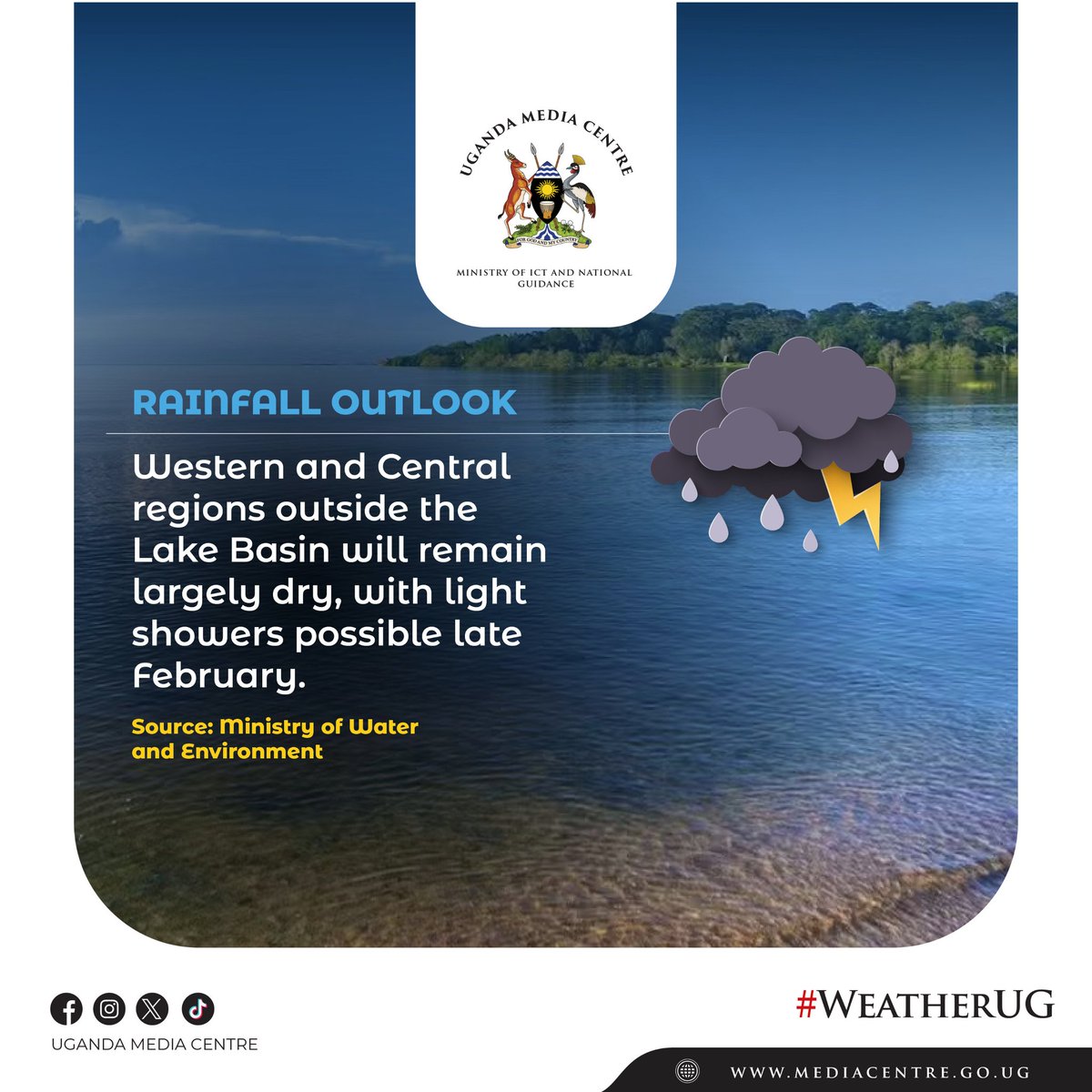 UgandaMediaCent's tweet photo. Expect largely dry conditions across the Western and Central regions outside the Lake Victoria Basin, with a chance of light showers toward late February | #WeatherUG https://t.co/DRXKmMR35Z
