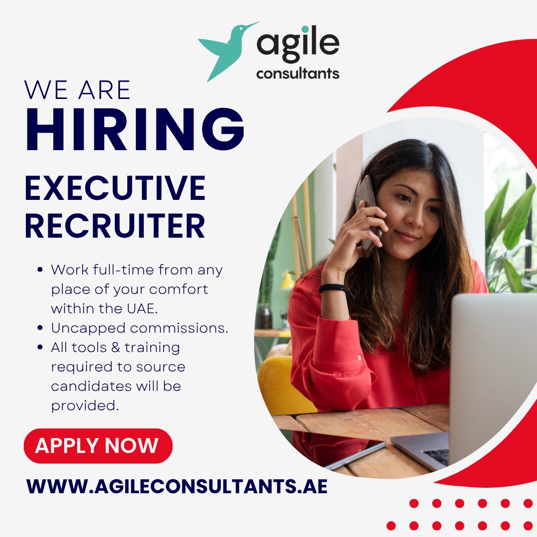 AgileUAE's tweet image. We’re Hiring: Executive Recruiter (Work from Home, UAE)

We’re looking for someone with proven headhunting and executive search expertise, a track record of closing roles successfully, and an unmatched commitment to candidates.

Apply here: agileconsultants.ae/jobs/executive…

#Recruiter