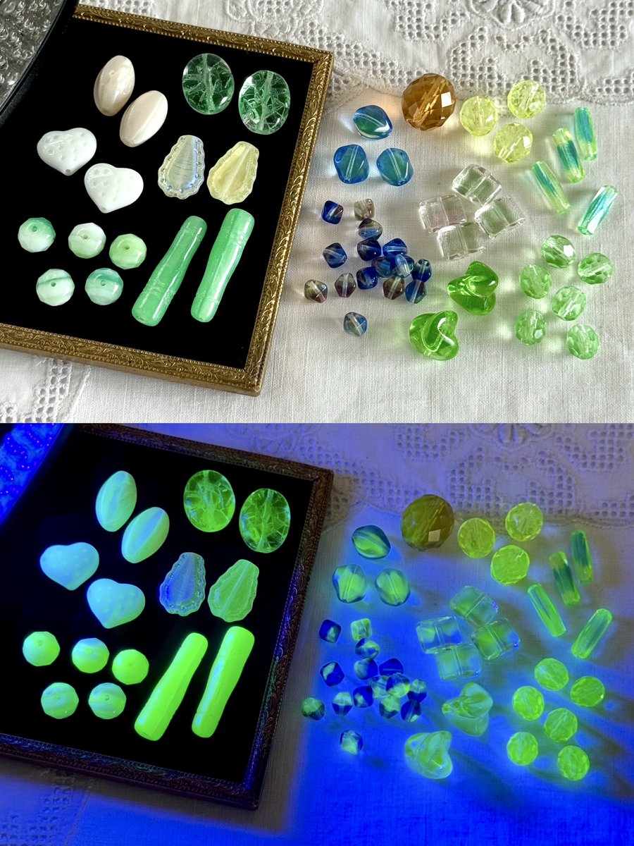 UVライトを当てると蛍光黄緑に発色するウランガラス チェコが発祥の地