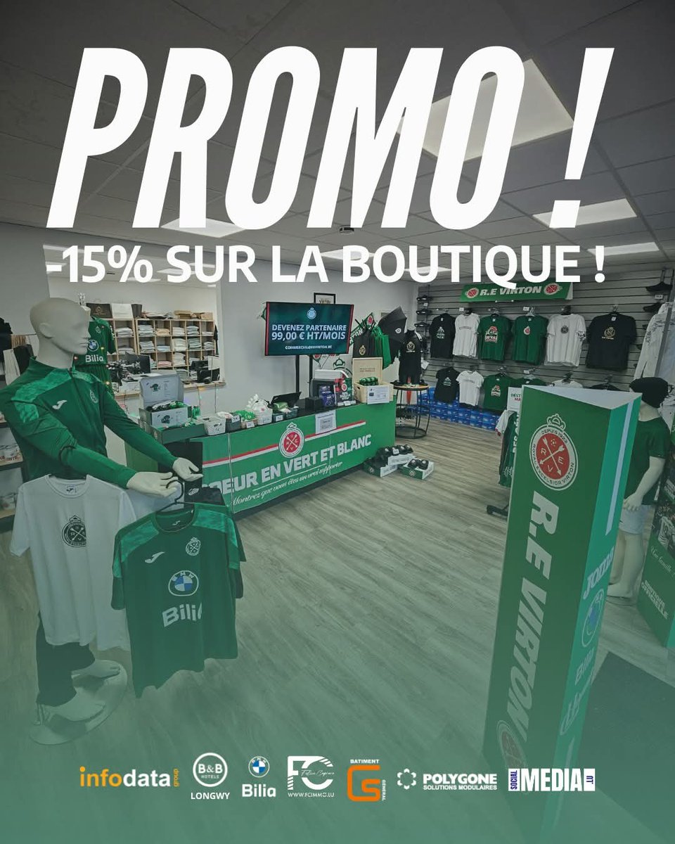 excelsiorvirton's tweet image. PROMOTION !

Pour fêter la fin de la phase classique, PROMO sur la boutique, -15% jusqu’au 28 février !

Objectif être en vert et blanc, pour les playoffs

Remise valable également en ligne :
👉 revirton.be/shop

🎟️ Code à utiliser : REVIRTON15

#REV #Virton #Boutique