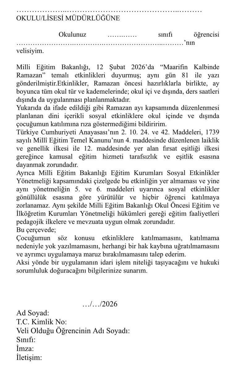 Çocuklarımızın en temel hakkı olan eğitim hakkının temeli; Anayasamızın da değişmez maddesi olan laiklik ilkesidir, akıldır, bilimdir. 

Öğrenci Veli Derneği olarak; çocuklarımızın kamusal, bilimsel laik eğitim hakkından sorumlu olan 
Milli Eğitim Bakanlığı’nı sorumluluğunun
