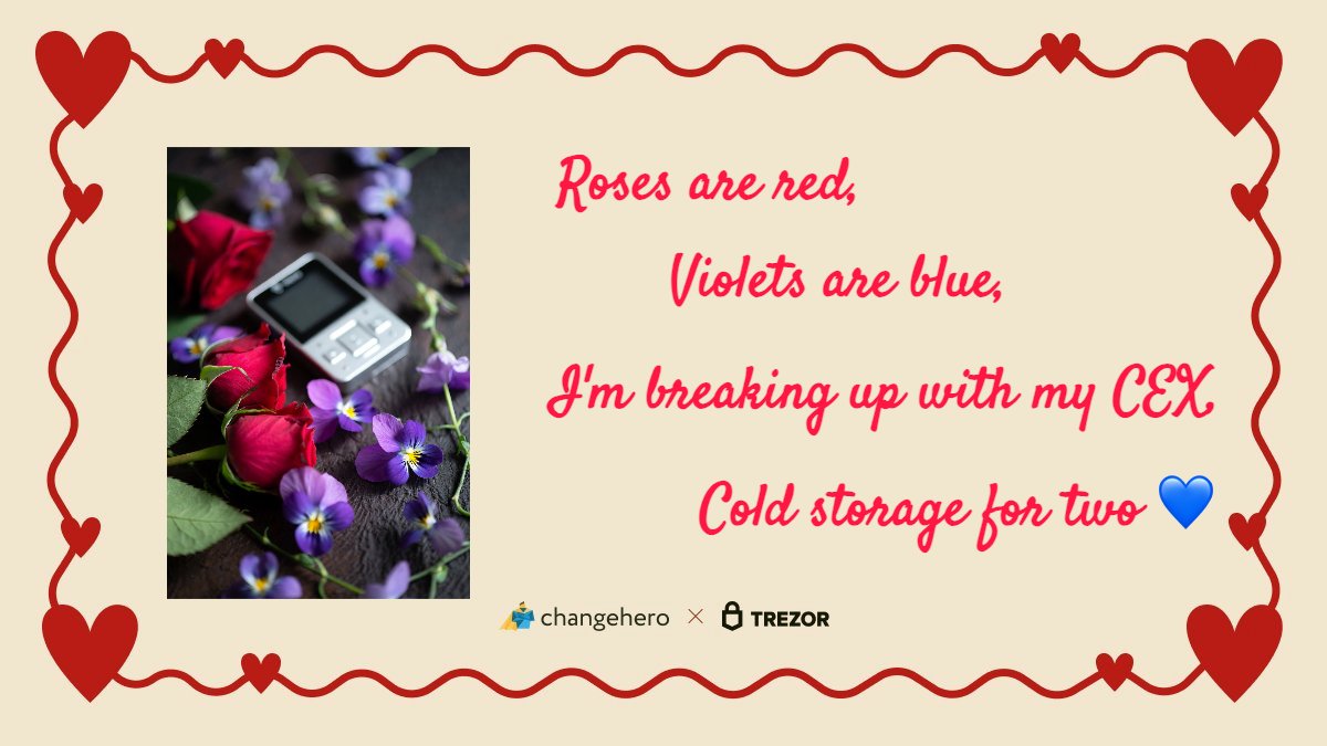 jassiangel2011's tweet photo. I'm breaking up with my CEX this Valentine's Day! ๐๐ @ChangeHero_io @Trezor https://t.co/eismOLzdNi #BreakUpWithYourCEX #SelfCustody #NotYourKeysNotYourCrypto https://t.co/ptly1teZki