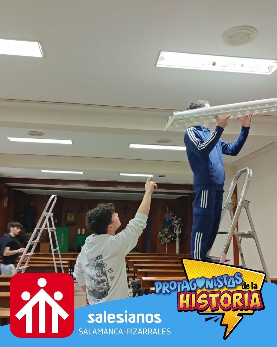 SalesianosPiza's tweet photo. Los alumnos de 2° de Instalaciones Eléctricas y Automáticas repasando la iluminación de la capilla. https://t.co/NQkrWjxYoO