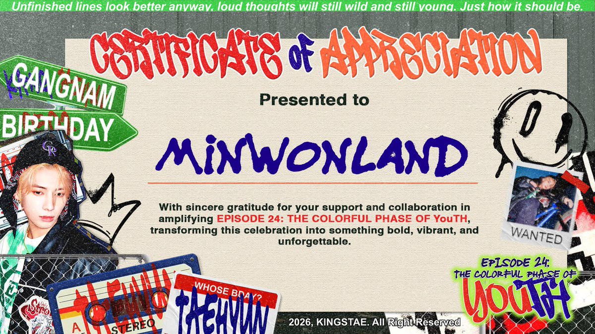 Dear <a href="/KlNGSTAE/">Splash the Colors, 𝐾𝐼𝑁𝐺𝑆𝑇𝐴𝐸.ᐟ ★</a>, thank you for trusting us as your media partner. Being part of this project has been a rewarding and inspiring journey. We truly appreciate the collaboration and hope to create more meaningful moments together in the future. ✨

Best regards,
MINWONLAND
