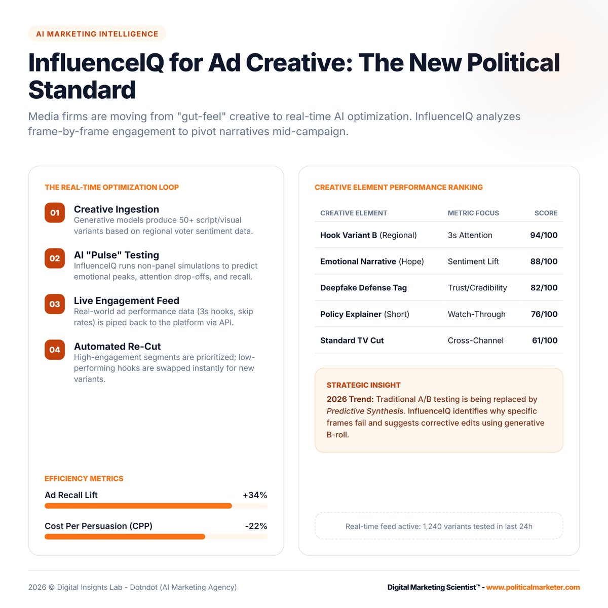 PoliMarketer's tweet image. Political creative meets AI optimization.

InfluenceIQ loop:

• 50+ variants generated
• Frame level testing
• Live 3s hook tracking
• Auto re cut in real time

Results:

+34% recall lift

#PoliticalAds #AIinMarketing #CampaignTech #InfluenceIQ #Election2026