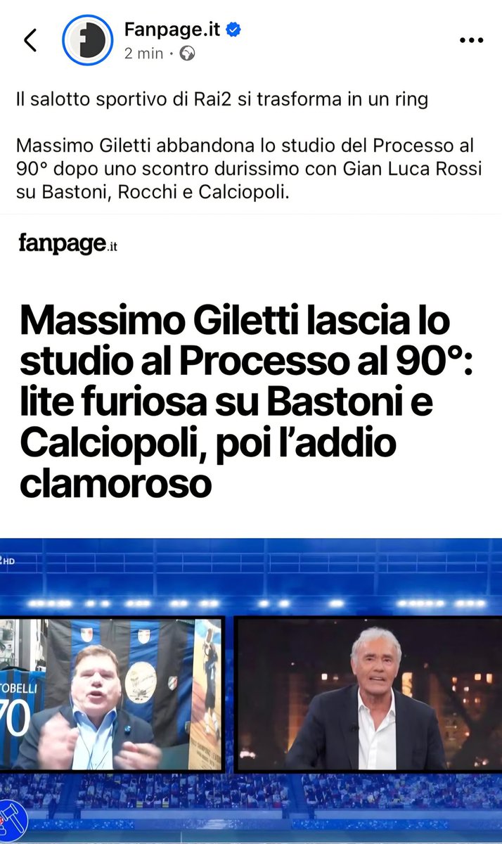 gianlucarossitv's tweet photo. 17.2.2026
Tutti a dirmi "Bravo, hai fatto scappare #Giletti dal #Processoal90 su #Rai2, ma io non ho fatto scappare nessuno!"
Il tema era l'ultimo #InterJuve e lui è tornato a 20 fa col negazionismo di #Calciopoli!
A sua volta laureato in legge sa bene che le sentenze dello Stato si rispettano! Poi, per carità, conosco anche chi nega lo sbarco sulla Luna 🤔