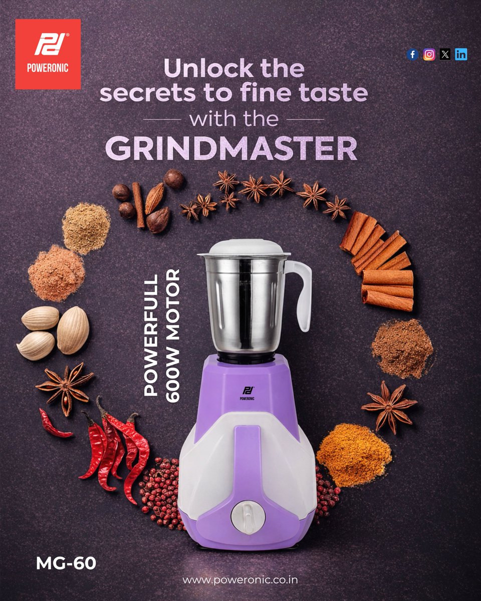 _poweronic's tweet photo. Unlock the secrets to fine taste with the Poweronic Grindmaster MG-60 💜
Powerful 600W motor for smooth grinding every time!
Perfect for spices, masalas &amp; daily kitchen needs.

🛒 Shop now
🌐 https://t.co/mBsYFELd60
#Poweronic #GrindMaster #MixerGrinder #KitchenEssentials https://t.co/kBXfGLxA8W